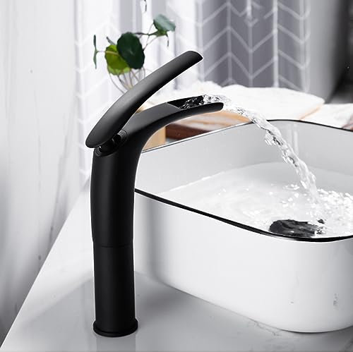 Robinet Salle de Bain Haut Cascade Mitigeur Lavabo Cascade Monotrou Robinet Vasque à Poser En Laiton,noir