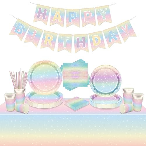 Decorazioni per feste arcobaleno pastello, striscione di buon compleanno, tovaglia, piatti di carta, tovaglioli, tazze per baby shower, per 20 ospiti