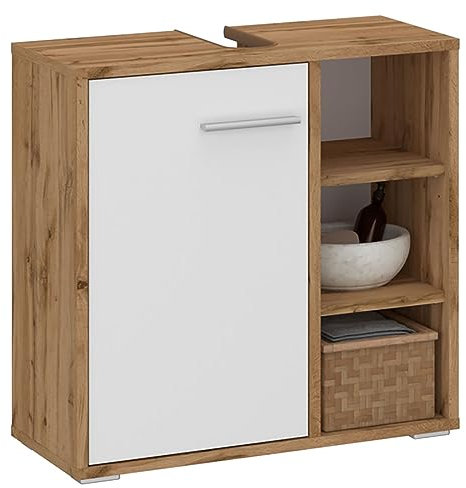IDIMEX Meuble sous lavabo Nistos Rangement de Salle de Bain avec 1 Porte et 3 étagères Couleur chêne wotan et Blanc