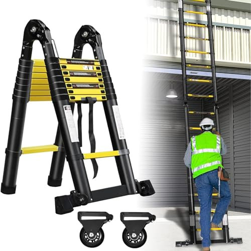 YARDIN fällbar teleskopstege 5 m (2,5 m + 2,5 m), aluminiumledare utdragbar halkfri fällbar stege stående stege multifunktionsstege 150 kg lastkapacitet, svart gul