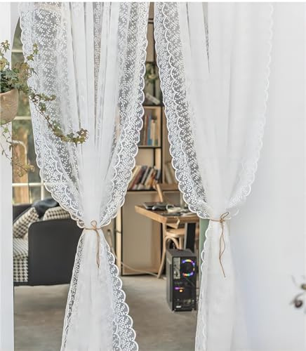 Yaland Stickerei Scheibengardine mit Wellensaum 1 Stück HxB 245x130cm Weiß | Romantischer Spitzenvorhang mit Blattmuster & Raffhalter Tüll-Halbvorhang mit Kräuselband für Küche und Fenster