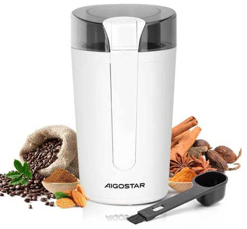 Aigostar Electric Coffee Grinder, Coffee Bean Grinder Electric for Spice Seeds Nuts, Small Coffee Blender Coffee Mill Food Grinder, 200W, Cream White