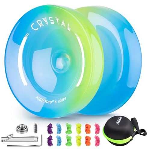 Professional Responsive Yoyo for Kids Beginners, Crystal Yoyo K2 Dual Purpose Yo-Yo for Advanced + Extra Unresponsive Yo Yo Bearing + 12 Yoyo Strings+Storage Bag + Removal Tool ( Skyblue Yellow)Q