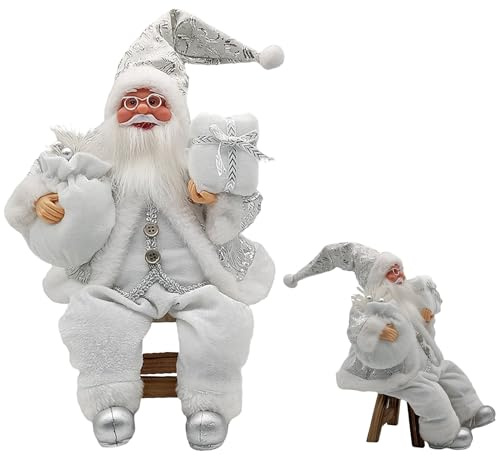 Figura di Babbo Natale, 35cm Ornamento di Babbo Natale seduto Decorazione di figura di bambola di Babbo Natale fatta a mano Ornamento da tavolo festivo Regali per decorazione della casa (Argento)