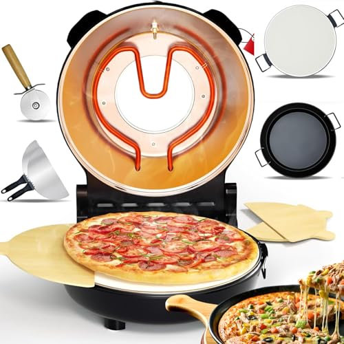 KJHYYPP Electric Pizza Maker,12 Indoor Portable Pizza Oven with Pizza Stone & Grill Pan,Glass Window,Timer, Heats Up To 420℃ Pizza Cooker,for Home and Commercial (Black)