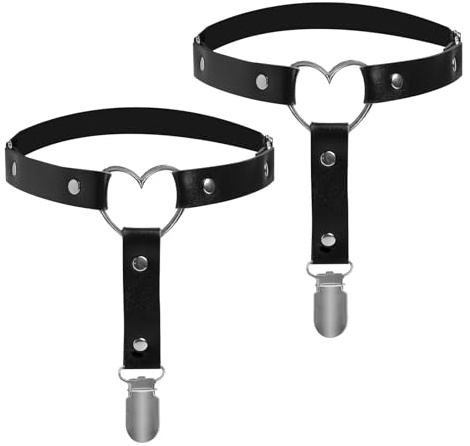 2Pcs Women's Thigh Garters Black Heart Leather Adjustable Leg Garter with Clips Punk Goth Thigh Harness Anti Slip Thighs Belt for Thigh-high Socks