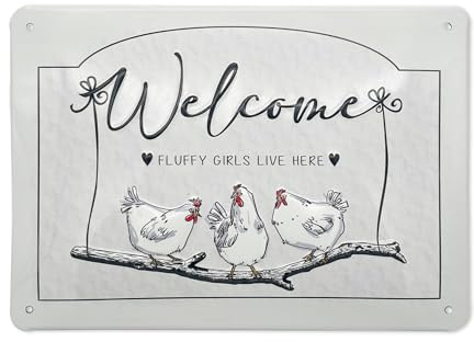 Eivolution Dekoschild designed by Hühnergeschichten Welcome - Landhaus Deko Schild mit Huhn Motiv - Metall Deko für Haus & Garten