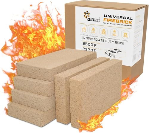 GIRtech Ladrillos refractarios universales para estufa de leña, 2500F, paquete de 6 ladrillos refractarios para revestimiento interno, unidades de calefacción, capa aislante de calentamiento para
