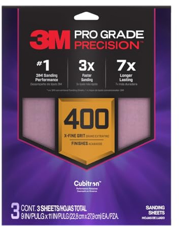 3M Pro Grade Precision Sanding Sheets with No-Slip Grip, 9 x 11 in, 400 Grit, 3-Pack (SHR400-PGP-3T)