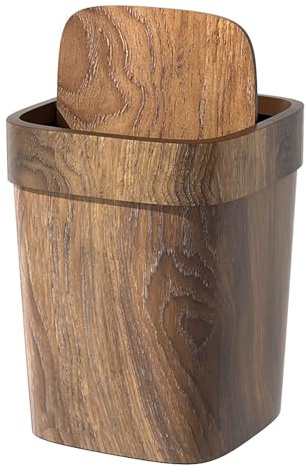 Petite poubelle rétro avec couvercle imitation bois – 22,1 x 25,4 cm – Style vintage pour cuisine, salle de bain, chambre à coucher – Réutilisable et facile à nettoyer
