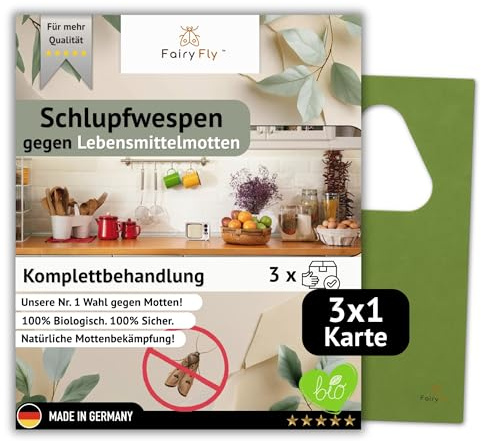 FairyFly Schlupfwespen gegen Lebensmittelmotten – Chemiefreie & biologische Mottenbekämpfung mit Trichogramma | Nützlinge für Küche, Vorrat, Speisekammer & Lager (1 Karte x 3 Lieferungen)