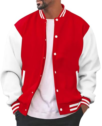 Generisch Veste tendance 2025 pour homme, décontractée, coupe ajustée, coton, letterman, baseball, bomber, veste universitaire classique pour homme, rouge, S