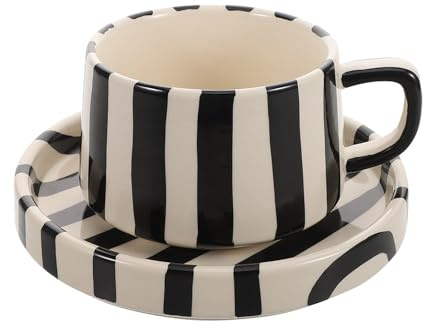 Homoyoyo Tasse à Café en Céramique Rayée Noire Soucoupe – Mug Latte Art 250 Ml pour Thé Café Pause Bureau Service à Thé Original et Créatif