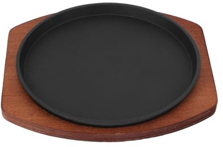 BESTYASH Assiette à Steak Fonte Ronde avec Base Bois Poêle Barbecue Antiadhésive pour Viande Grillée Maison Restaurant
