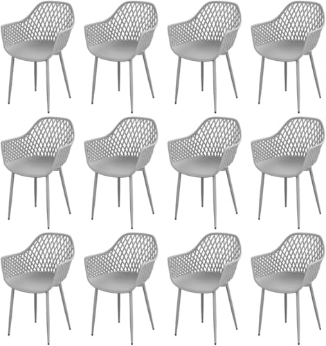 buybyroom Sillas Terraza Exterior, Pack de 12 Sillas Jardin Exterior con Reposabrazos, Patas de Metal y Respaldo de Plástico Ergonómico, para Jardín, Terraza, Balcón, Reuniones, Salón, Comedor, Gris