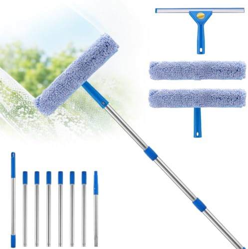 3.1M Window Cleaning Kit with Extension Pole, 2 in 1 Window Cleaner Tool with Silicone Squeegee & Microfiber Scrubber, Window Washing Equipment for High Windows, Shower Glass, Mirror, Car