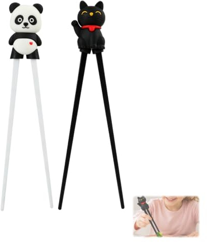 Juego de 2 pares de palillos de aprendizaje, Panda & Gato Portafeliz, varillas reutilizables antideslizantes resistentes al calor para fideos asiáticos Ramen (Set Gato + Panda)