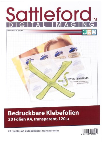 Sattleford Bedruckbare Klebefolie: 20 Klebefolien A4 transparent für Inkjet (Etiketten transparent Inkjet, Klebefolie bedruckbar, Druckerpapier)