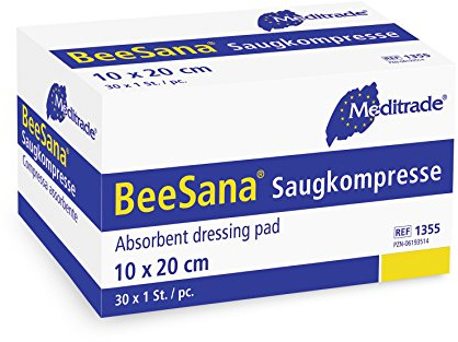Meditrade BeeSana Saugkompresse – steril, hohe Flüssigkeitsaufnahme, hydrophobe Sperrschicht, wundfreundlich, einzeln eingesiegelt - 10 x 20 cm - 30 x 1 Stück