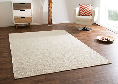 Steffensmeier Handwebteppich Gabun 100% Schurwolle mit Fusselstopp für Wohnzimmer, Creme, Größe 130x190 cm