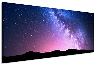Panorama Fotoleinwand 120x40cm Landschaftsfotografie – Milchstraße im pinken Sternenhimmel auf Leinwand exklusives Wandbild moderne Fotografie für ihre Wand in vielen Größen