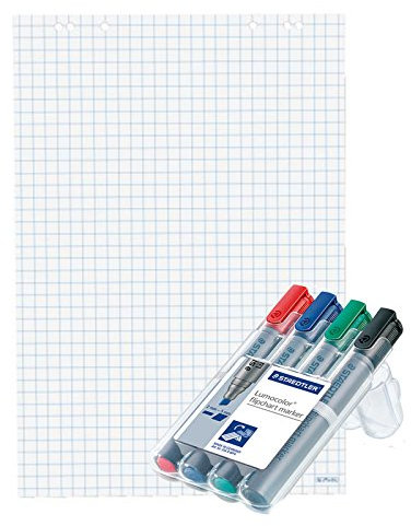 Herlitz Flipchartblock, 68x99cm (kariert/gelocht), 20 Blöcke + 4 Flipchartmarker Sets mit Keilspitze á 4 Stk.