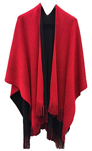 Womens Reversible Knitted Poncho Cape Oversized Christmas Scarf Blanket Shawl Wrap (Red)(Size:L)