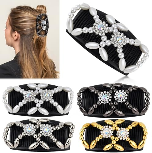 Haarspange Haarkamm, 4 Stück Magische Haarspange Perlen Magic Elastische Haarkämme Stretch Hair Comb Doppel Clips DIY Haar Styling Werkzeug für Damen Mädchen Haarschmuck Gold, Silber, Weiß, Schwarz