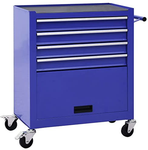 vidaXL Tool Trolley with 4 Drawers Workshop Roller Tool Cabinet Wheel Cart Chest Storage Box Garage Equipment Home Work DIY Steel Blue