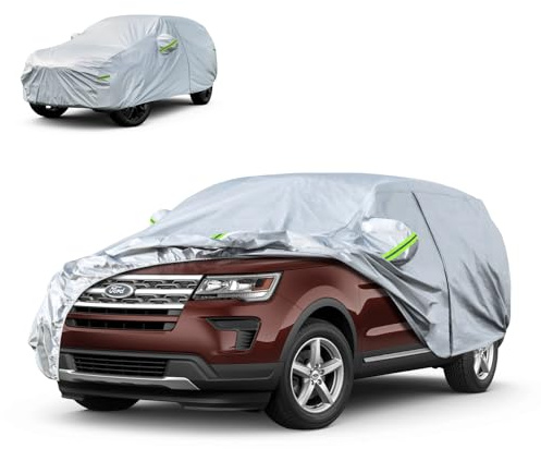 Koukou SUV Car Cover 100% Waterproof All Weather for Automobiles with Zipper Door, Universal Fit Ford Explorer, Jeep Grand Cherokee, BMW X5, Highlander, Etc.(190 to 201 inches)