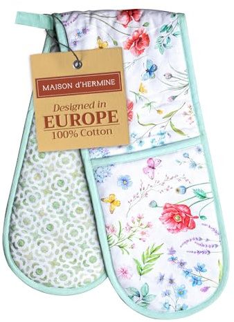 Maison d' Hermine Double Oven Mitts 100% Double Cotton Oven Glove 18 x 89cm | Heat Resistant BBQ Cooking Gloves with Loop Baking Grilling Kitchen Hotel Home Farmhouse Spring Summer - Just Floral