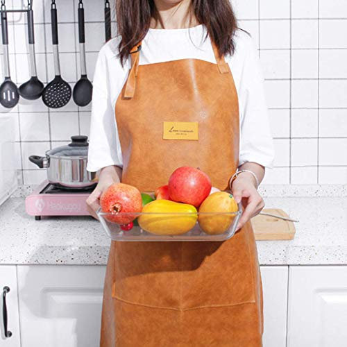 SSB Leder-Küchenschürze für Männer und Frauen, wasserdicht, hitzebeständig, Arbeitsschürze, robuste Grillschürze mit verstellbarem Nackenband, Taschen, braun, 61 x 74,5 cm