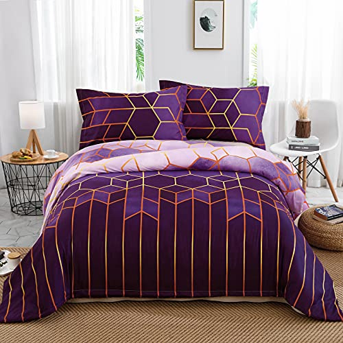 DJY Purple Geometric Duvet Cover Golden Stripes Soft Microfiber Bedding Duvet Cover Set, Reversible Lightweight Bedding Sets 3pcs with Zipper Closure (King, 220x230cm)