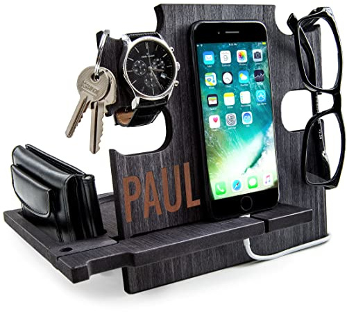 Personalisierte Dockingstation, Smartphone-Ständer - Nachttischhalter aus Holz, Geschenkidee für Männer (Ebony)