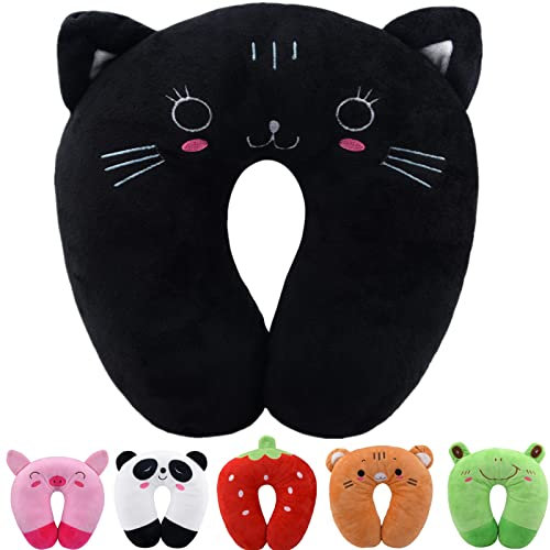 Fiacvrs Kids Travel Pillow Cute Animal Neck Pillow Support U Shaped Pillow, Comfortable in Any Sitting Position in Airplane,Car,Train for Kids (Black Cat)