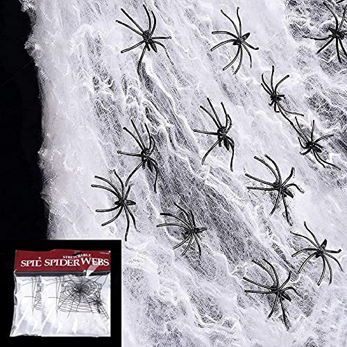 2 Pack Stretchable Spider Cob Web Halloween Decoration with 8 Large Spiders,Stretchable Halloween Cobwebs,Spiders Set for Halloween Party Yard Décor