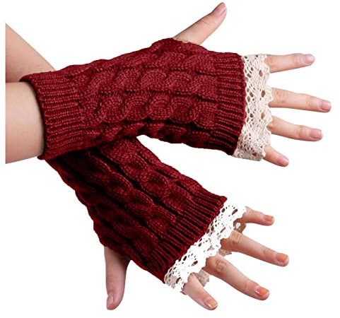 TIMIYUYU Warme Strickhandschuhe Fingerlose Fäustlinge Elegante Halb Fingerhandschuhe Winter Armstulpen Spitze Gestrickte Armwärmer Damen Mädchen Winterhandschuhe Pulswärmer Frauen Winter Geschenk