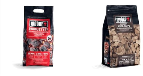 Weber 17590 Briketts, Schwarz, 4 kg & 17624 Räucherchips Hickory 700g, Räuchern, Aroma, Grillen, Braun, 17.8x8.9x30.5 cm