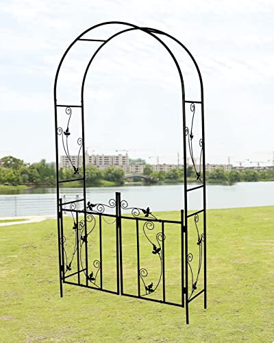 FSCLJ Schwarz Rosenbogen Torbogen Mit Tür Gartenbogen Klein Spalier Rankgitter Rankhilfe Pergola Rankenbogen Rosengestell Metall HBT 214 x 110 x 37 cm
