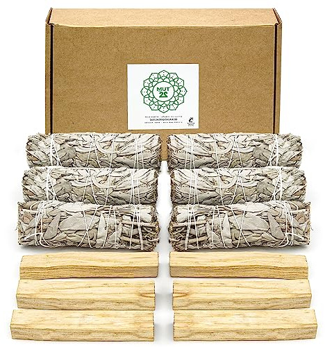 MUT22 6 Weißer Salbei und 6 Palo Santo Premium Kalifornischer, 100% natürlich und reinigend, ideal für spirituelle und energetische Rituale (6 Weißer Salbei + 6 Palo Santo)