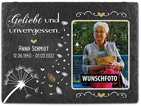 Print Royal Schieferplatte selbst gestalten - Gedenktafel mit Foto, Name & Datum bedrucken - Geliebt und unvergessen - Grabtafel, Grabschmuck | Schiefertafel 15x20 cm