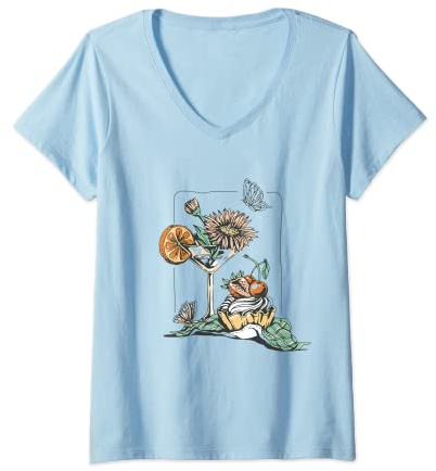 Womens Watercolor Flowers Martini Glass Spring Floral Sunflower V-Neck T-Shirt
