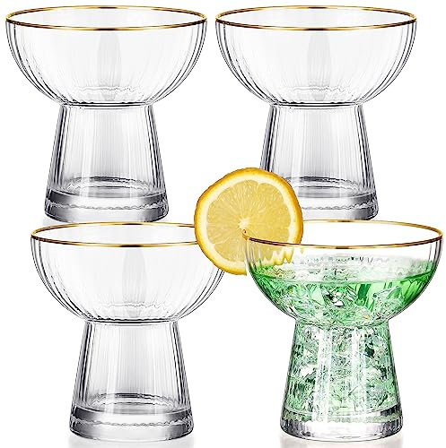 Lallisa Stemless Margarita Glasses Set of 4 Martini Champagne Glasses with Gold Rim Elegant Cocktail Glasses Ribbed Design Hand Glassware Thick Solid Clear Glass for Martini Wine Beer Drink, 10 oz