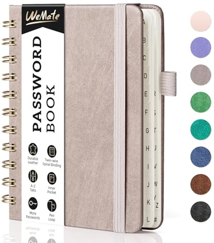 WEMATE Spiral Password Book with Alphabetical Tabs, Small Password Keeper Book for Seniors, Internet Password Notebook Hardcover Password journal logbook – 12 x 15cm (Dusty Rose)