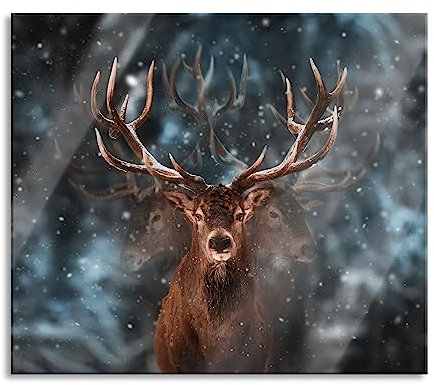 Machtvoller Hirsch im Winterwald Herdabdeckplatte & Spritzschutz aus Echtglas | Für Herd-Kochfelder | 60x52 cm