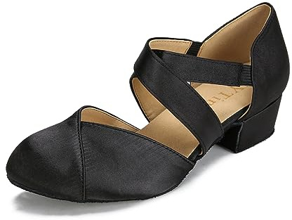YYTing Women Swing Latin Ballroom Dance Shoes (Closed Toe, Suede Sole, Elastic Closure) 1.5 inch Heel YT26(7.5,Black)