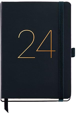 Miquelrius - Jahreskalender 2024, Tagesansicht, Größe Plus 155 x 213 mm (ähnlich A5), fester Einband aus Kunstleder genäht, Gummiband, Katalanisch, Englisch und Portugiesisch, Schwarz