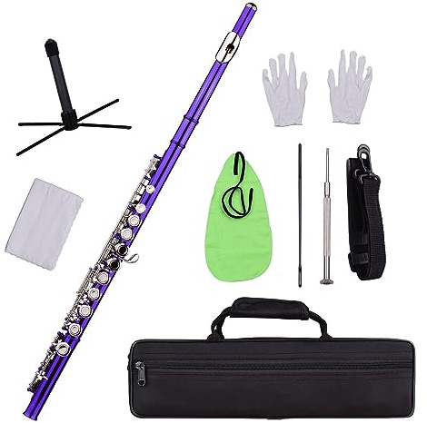 C-Flöte mit geschlossenem Loch, 16 Tasten, vernickeltes Kupfernickel-Blasinstrument mit Tragetasche, Flötenständer und Handschuhen Flöteninstrument (Color : Purple)