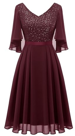 Dressystar Elegant cocktailklänning V-ringad spetsklänning med paljetter knälång aftonklänningar bröllop, Bourgogne röd, M