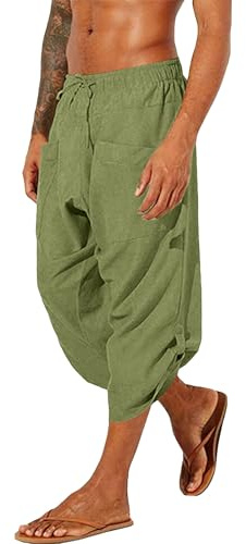 YAOHUOLE Shorts Homme Taille Elastique Long Cordon Lin Pantacourt Bermuda Lin Homme Vert Armée L